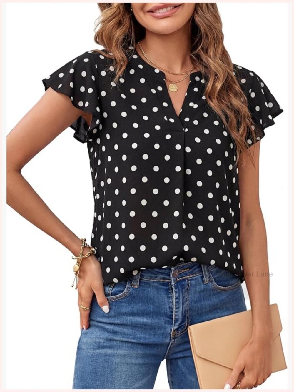 Swiss Dot Ruffle Short Sleeve Blouse Flowy Tunic Top V-Neck